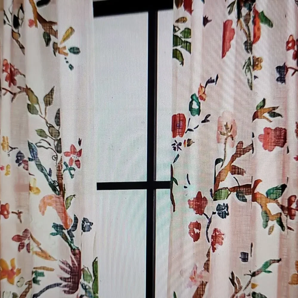 Anthropologie Floral Cotton Light Filtering Rod Pocket Curtain Panel 50x63 Pair